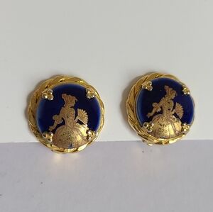 Vintage LIMOGES France Gold Tone Gilded Blue Cobalt Porcelain Clip On Earrings